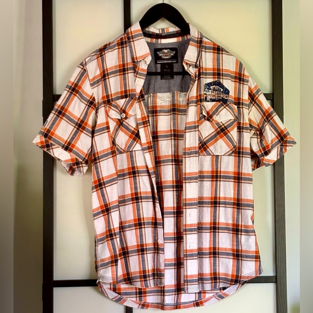Harley Davidson Motorcycles Orange Plaid Button Down T-shirt